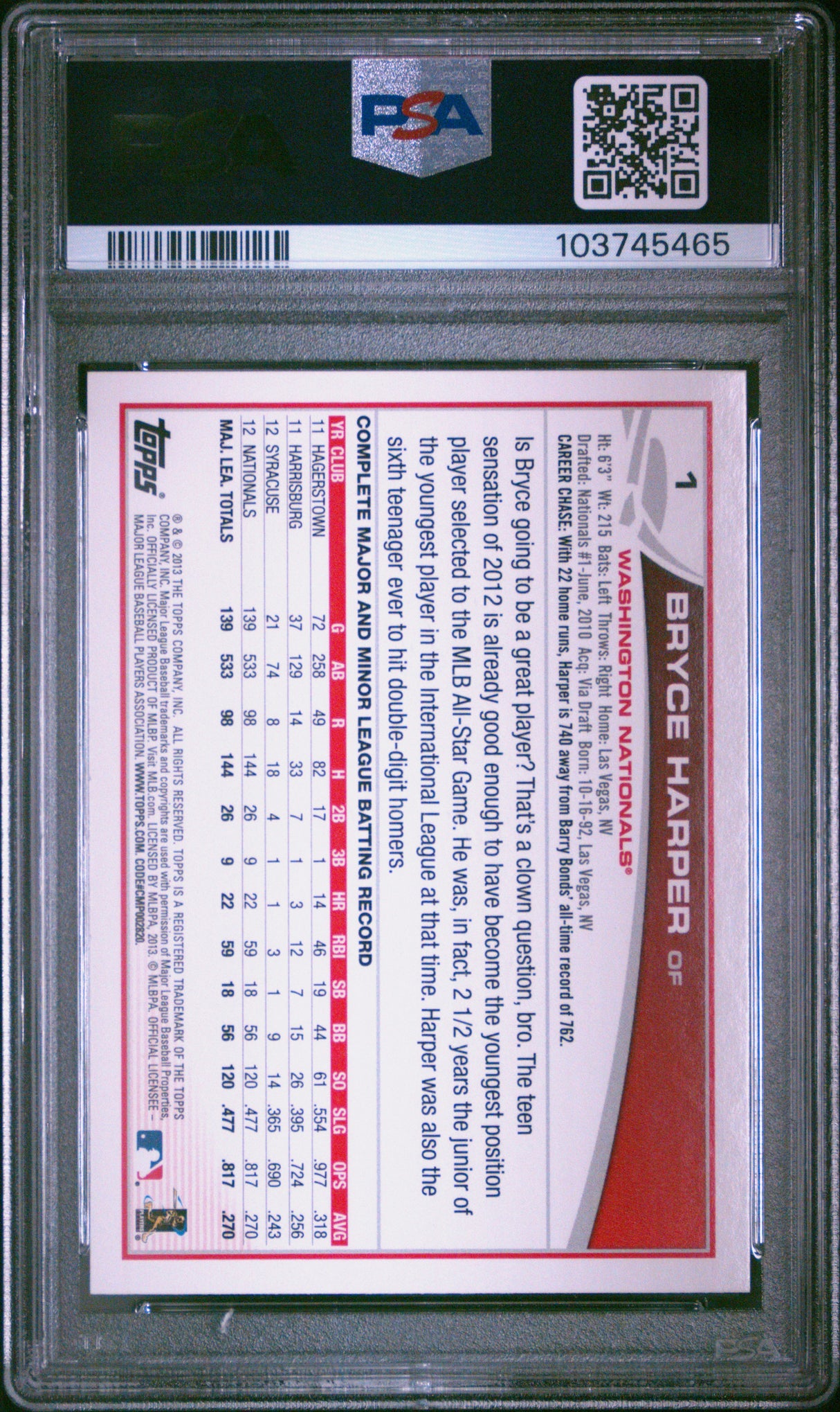 Bryce Harper 2013 Topps Emerald Looking Left PSA 9 Mint Gold Cup