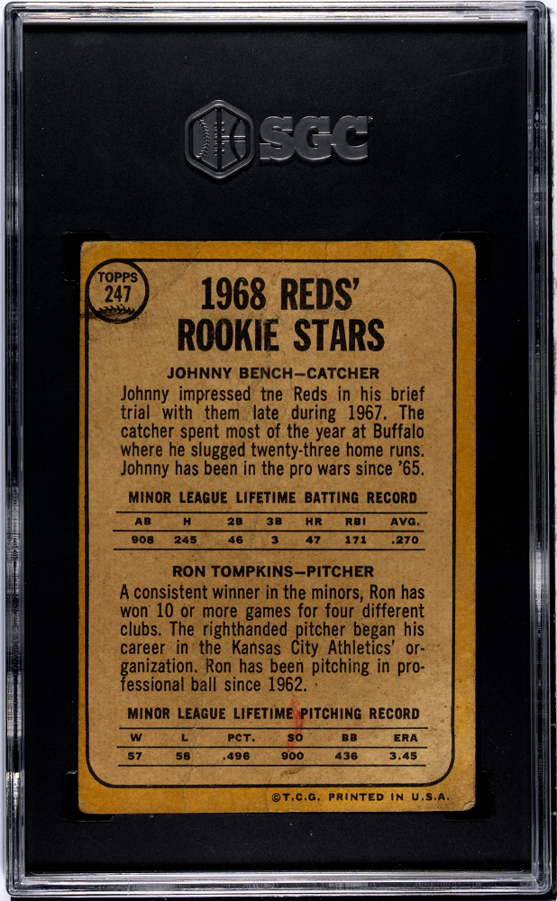 Johnny Bench 1968 Topps Rookie RC SGC Authentic (Minimum Size Not Met) Reds HOF