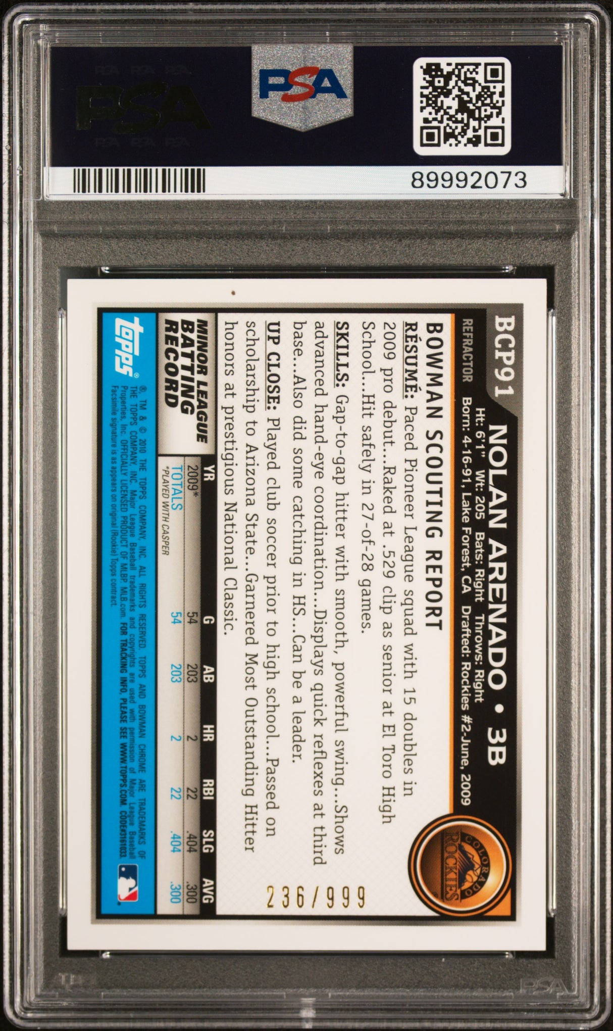 Nolan Arenado 2010 Bowman Chrome Prospects Purple Refractor /999 PSA 8 Near Mint