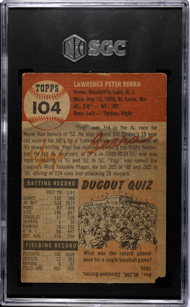 Yogi Berra 1953 Topps #104 SGC Authentic New York Yankees HOF