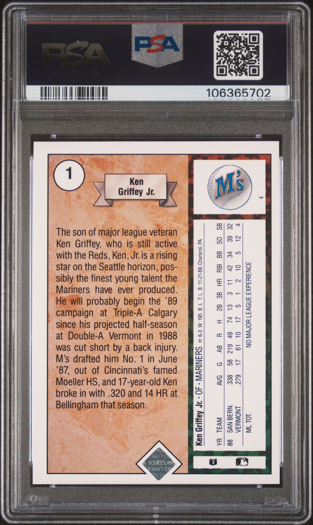 Ken Griffey Jr 1989 Upper Deck Rookie Star RC PSA 8 Mariners HOF