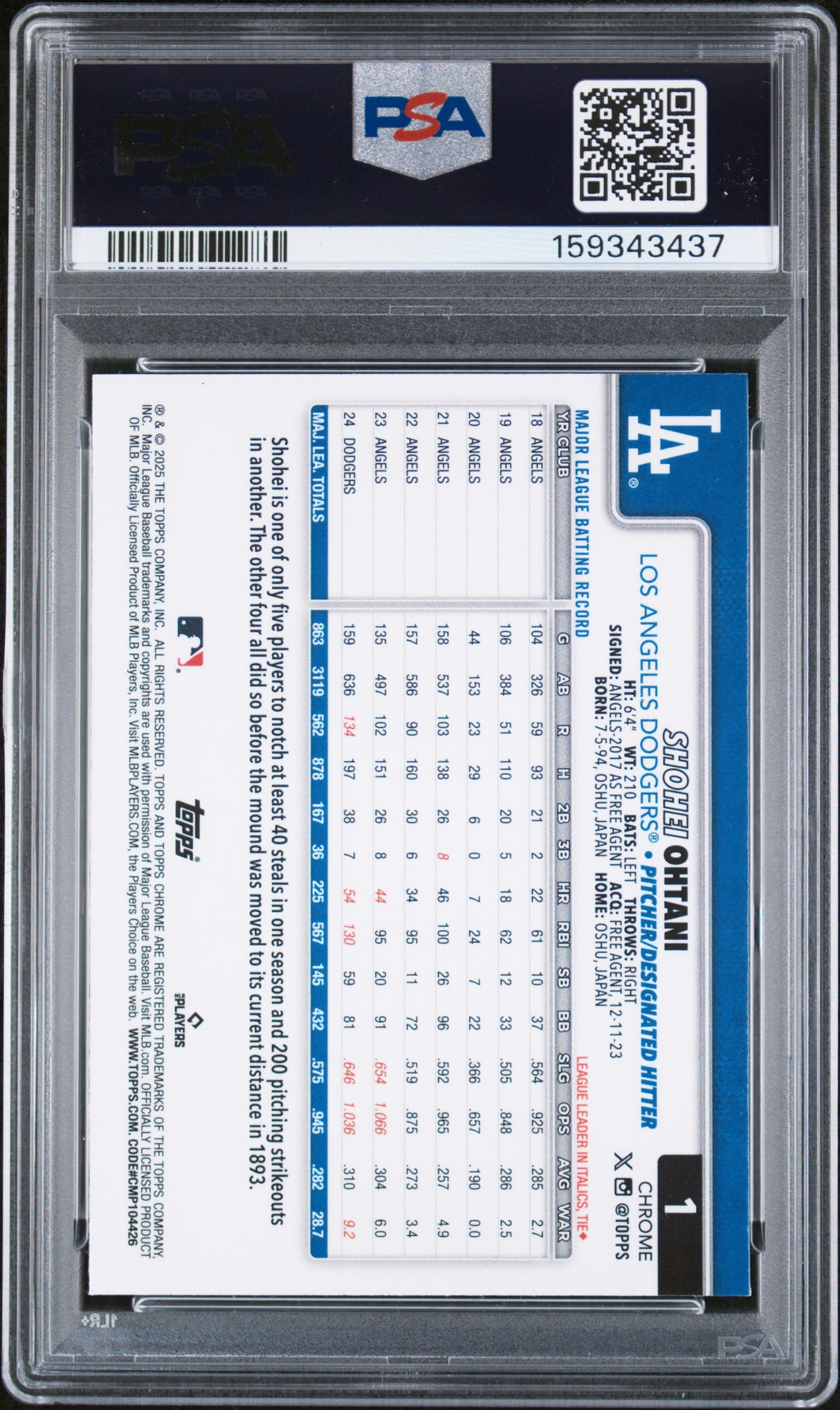 Shohei Ohtani 2025 Topps Chrome Prism Refractor PSA 9 Mint