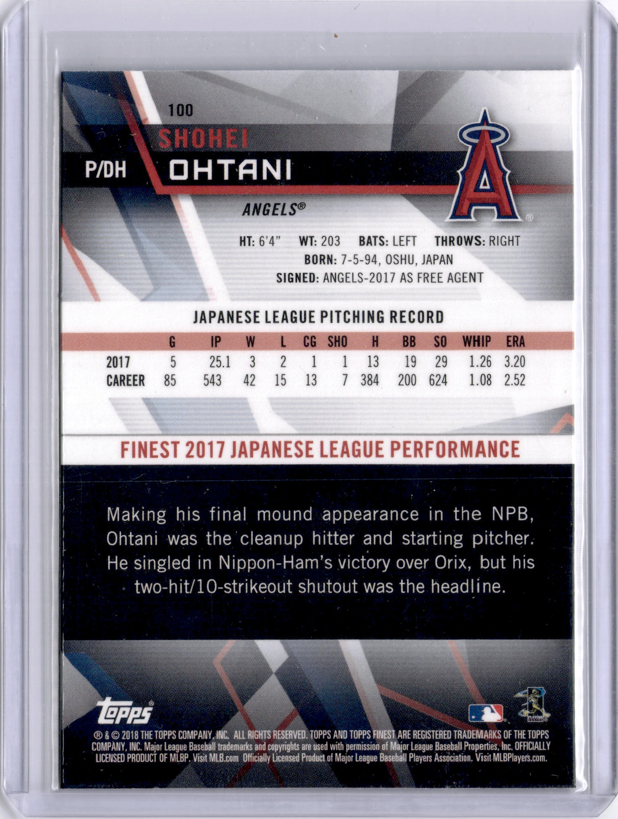 Shohei Ohtani 2018 Topps Finest Rookie RC Dodgers Angels