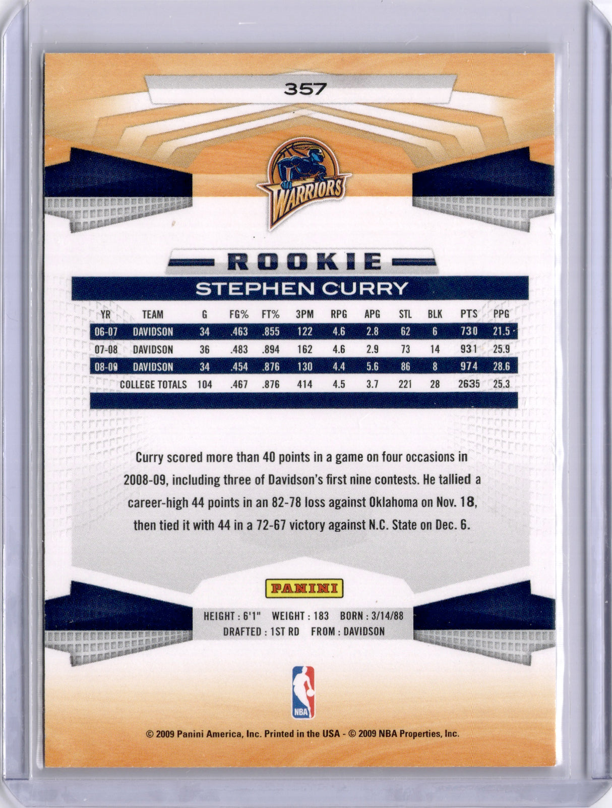 Stephen Curry 2009 Panini Rookie RC Golden State Warriors
