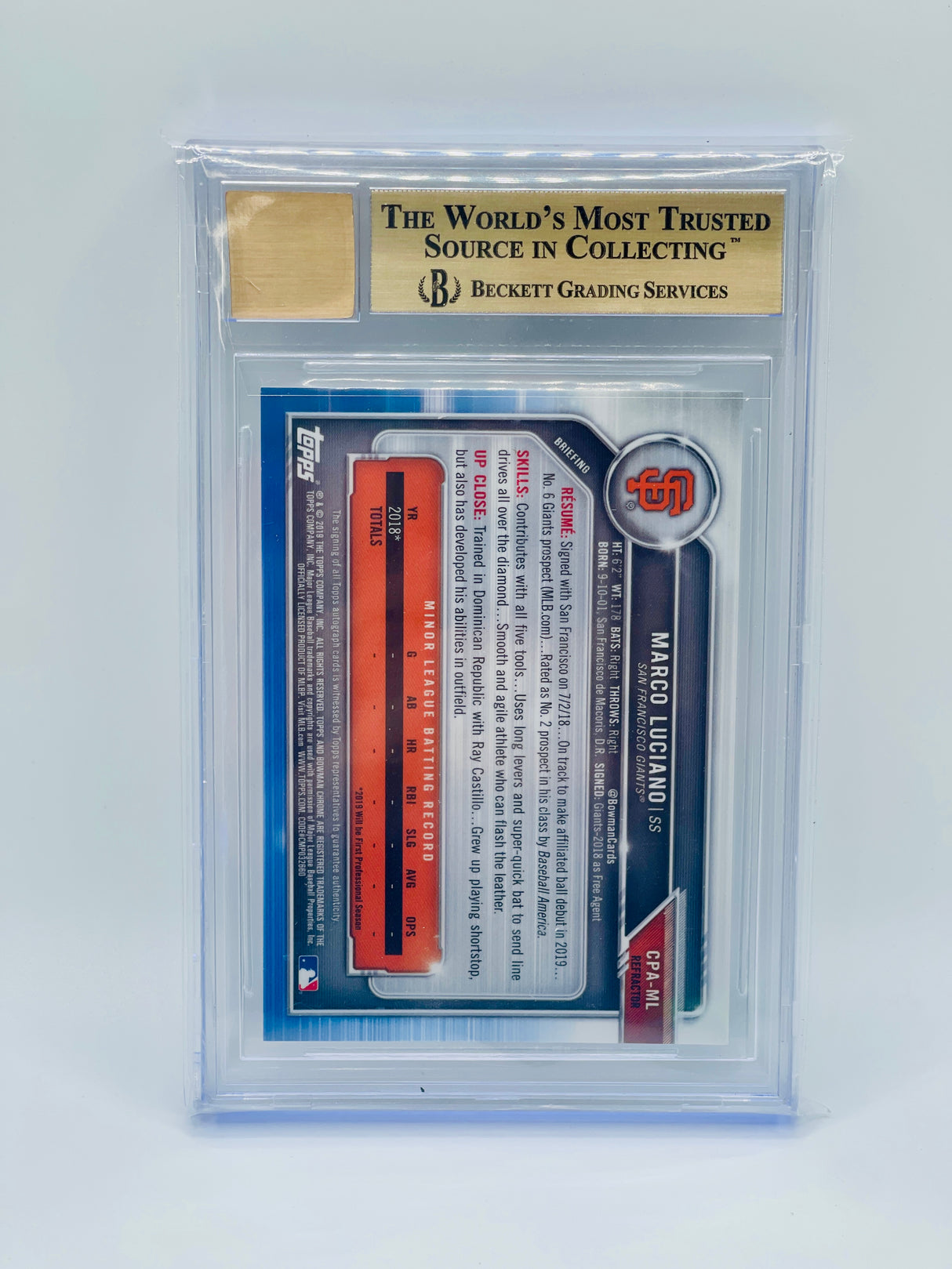 Marco Luciano 2019 Bowman Chrome Prospect Autographs Refractors BGS 9.5