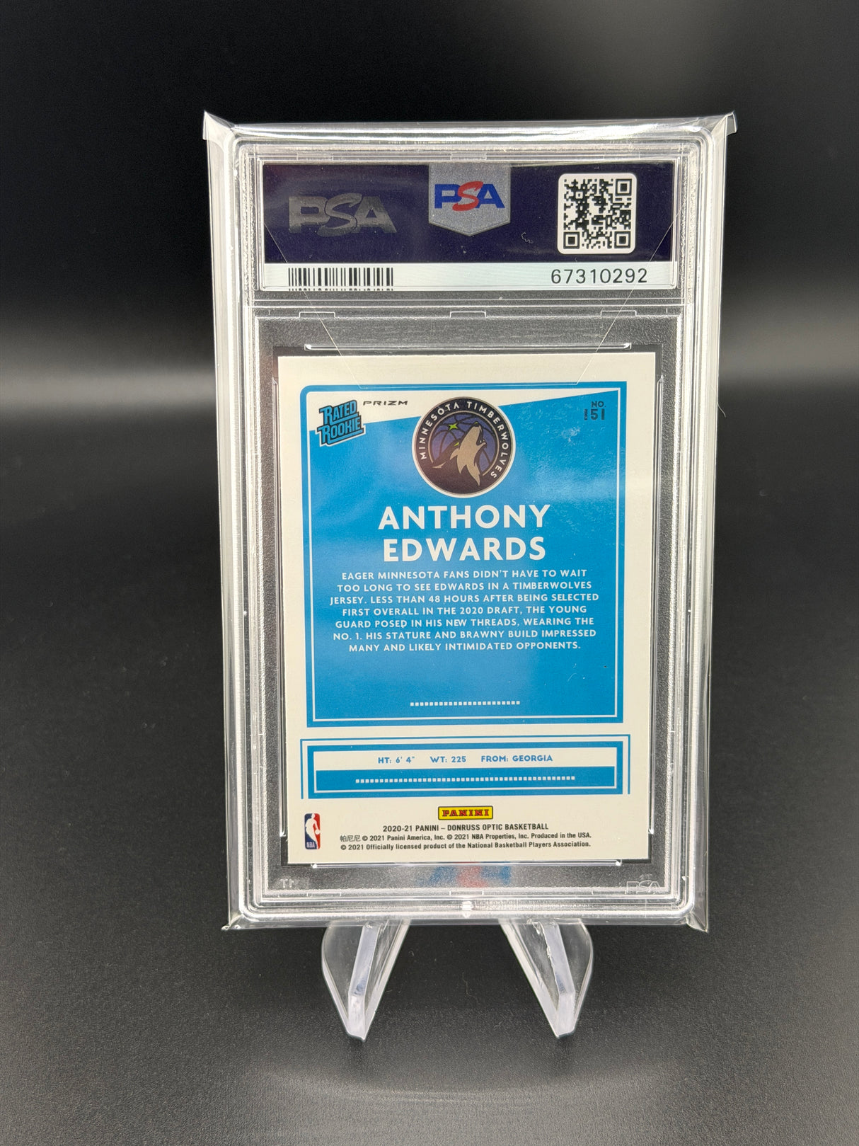 Anthony Edwards 2020 Panini Donruss Optic Purple Shock Rookie RC PSA 9