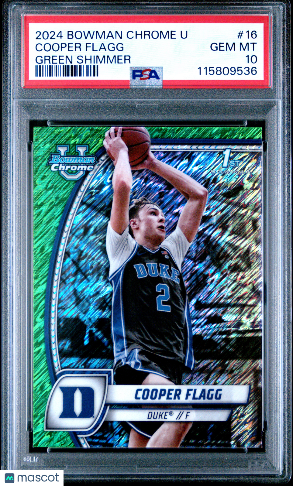 Cooper Flagg 2024 Bowman Chrome University 1st Green Shimmer PSA 10 Duke Mavs