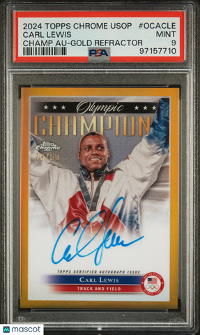 Carl Lewis 2024 Topps Chrome US Olympic Gold Refractor Auto /50 PSA 9 Mint