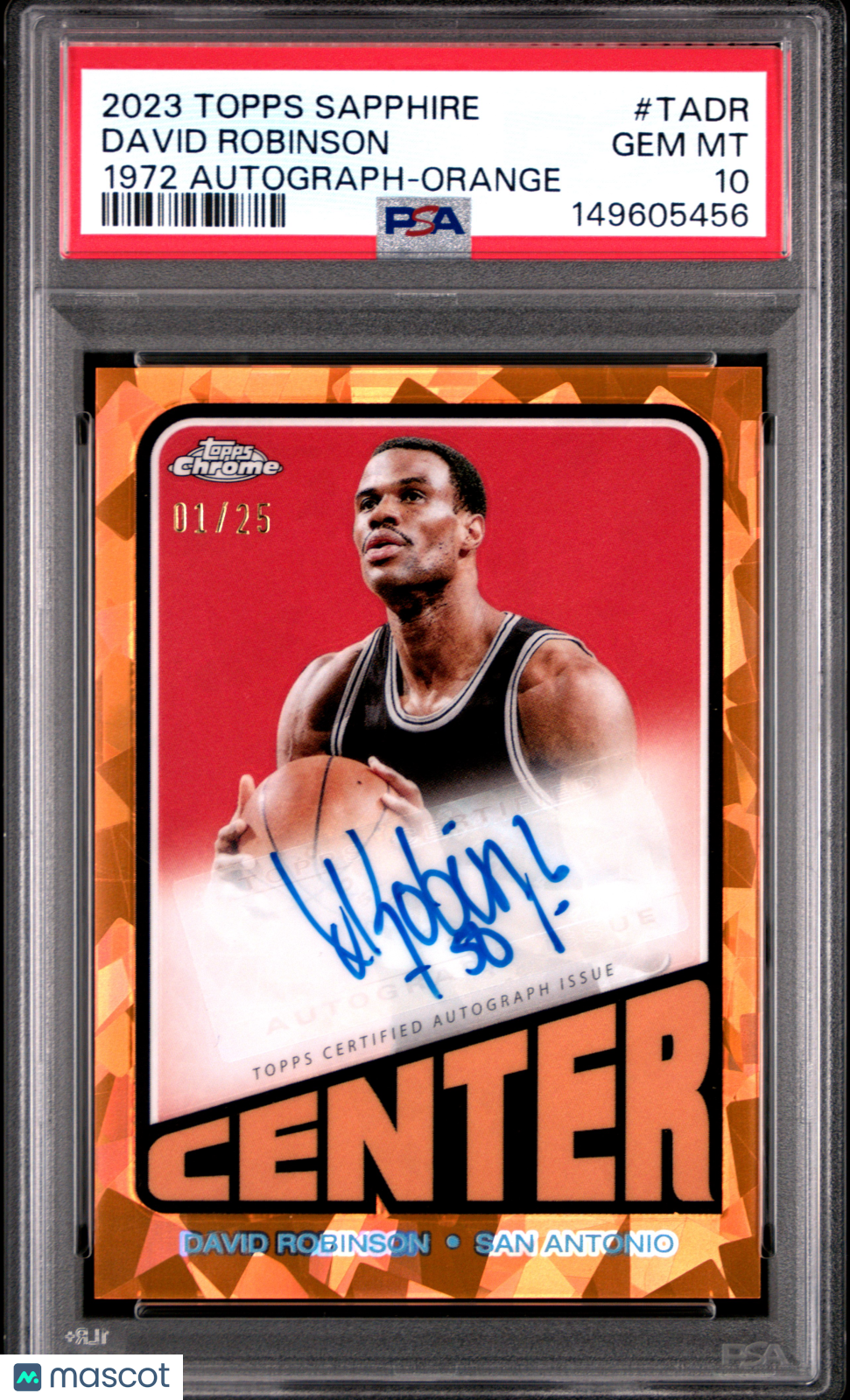 David Robinson 2023-24 Topps Chrome Sapphire Orange Auto 1/25 PSA 10 Spurs