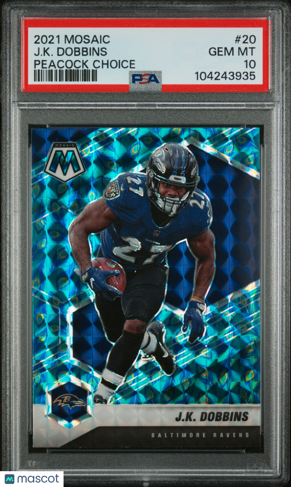 J. K. Dobbins 2021 Panini Mosaic Peacock Choice SP PSA 10 Gem Mint