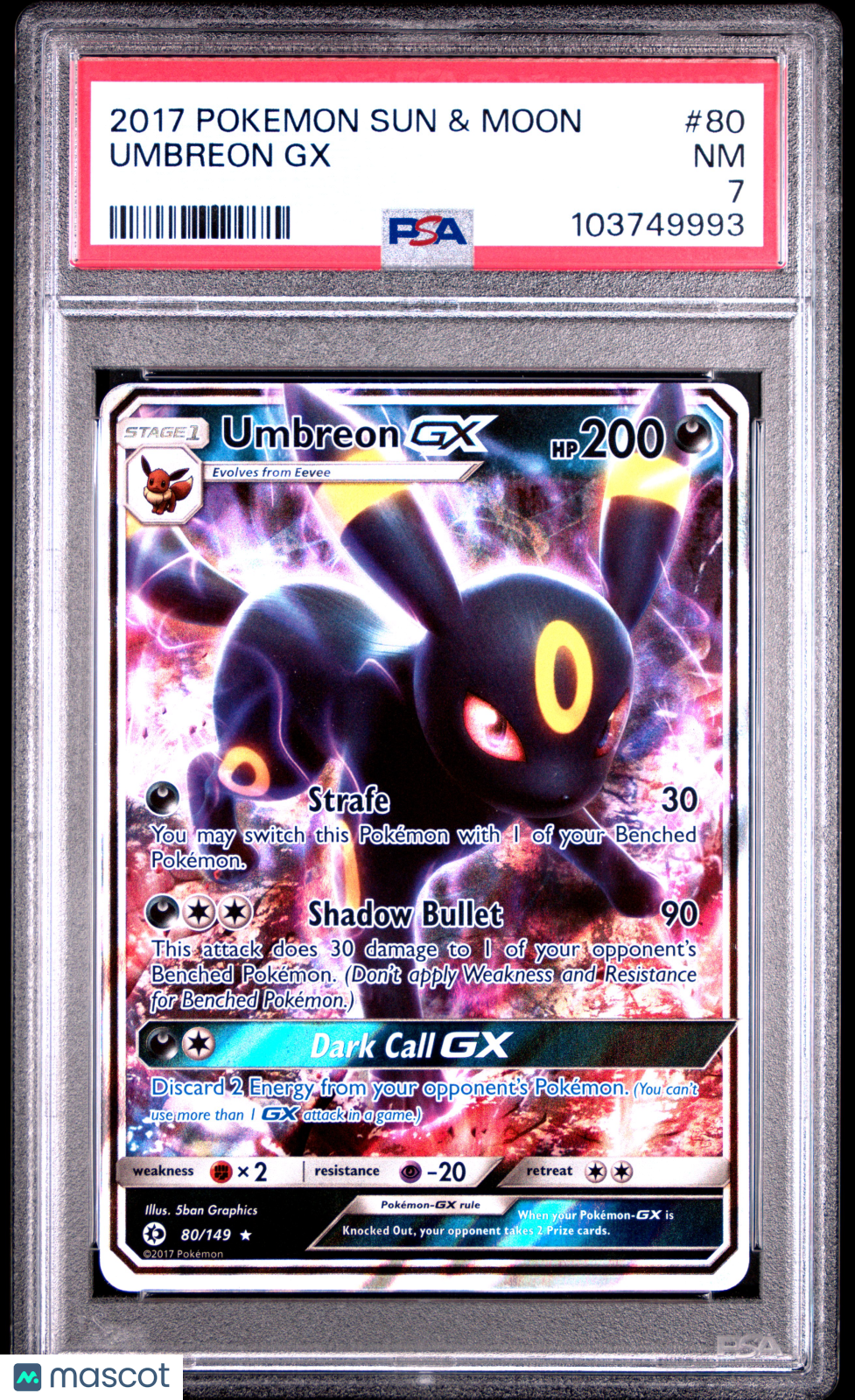Umbreon GX 2017 Pokemon Sun & Moon #80 PSA 7