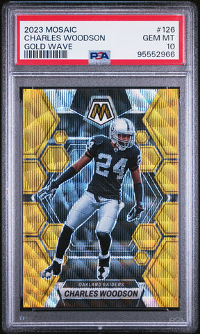 Charles Woodson 2023 Panini Mosaic Gold Wave /17 PSA 10 Gem Mint Raiders
