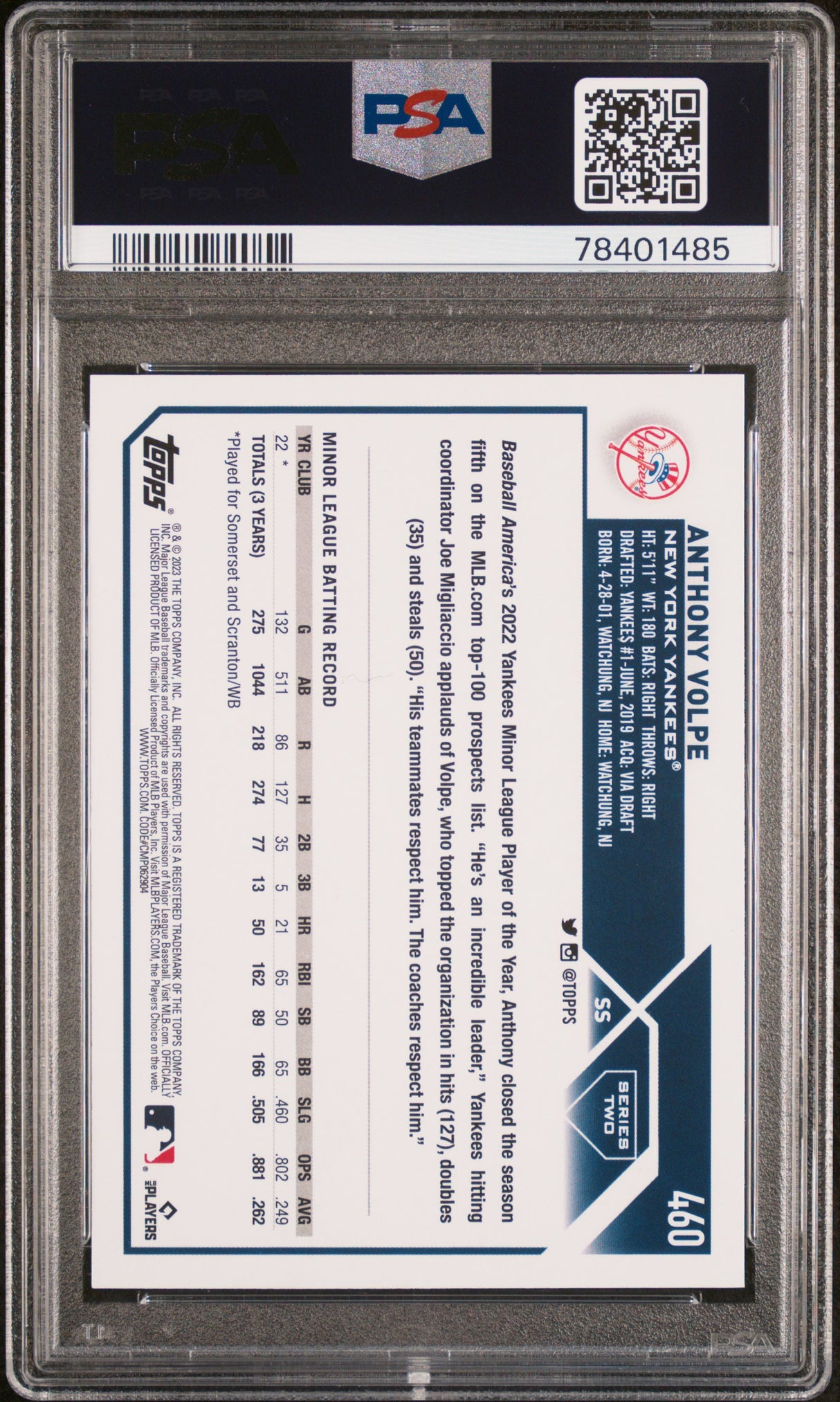 Anthony Volpe 2023 Topps #460  PSA 9 Rookie Yankees