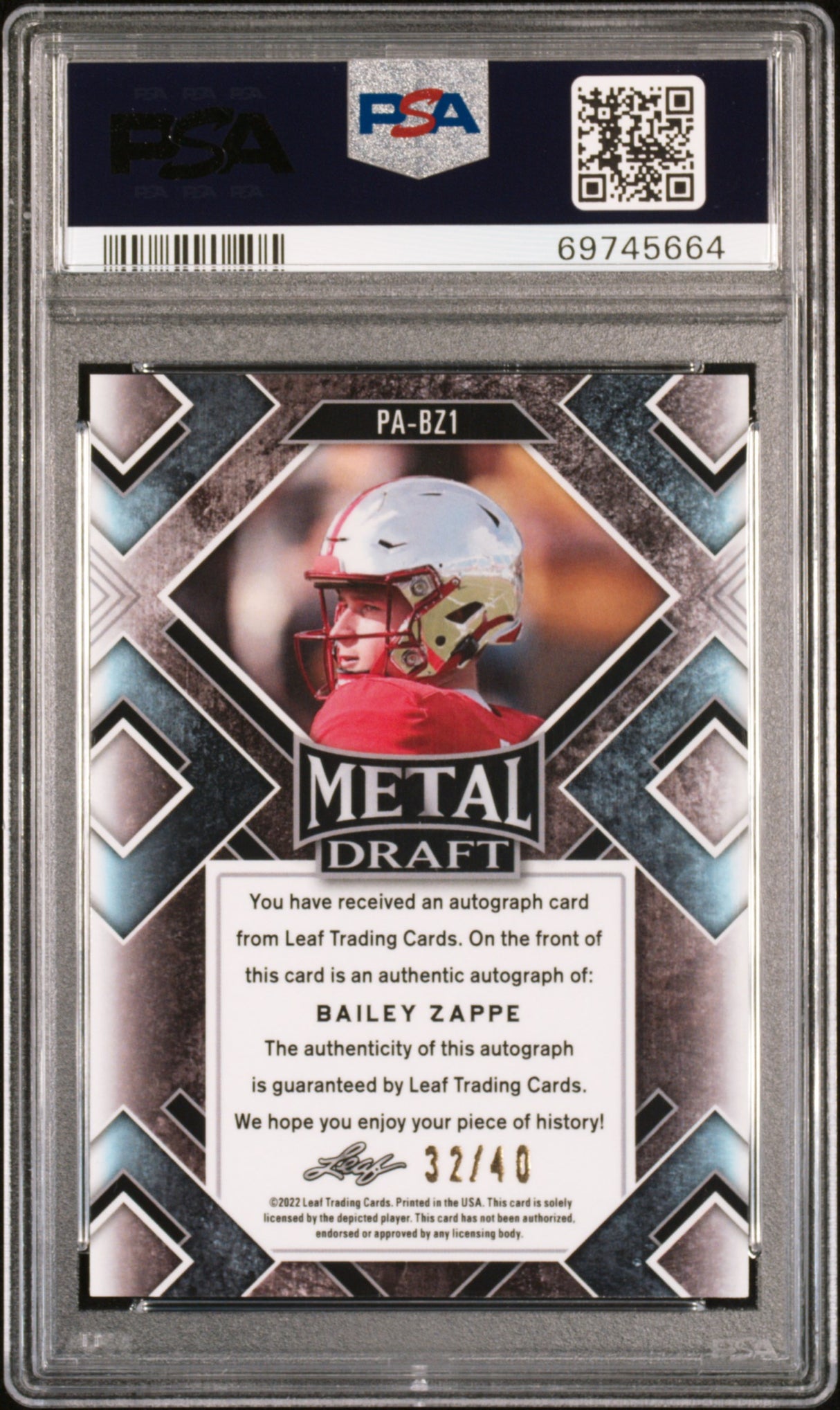 Bailey Zappe 2022 Leaf Metal Draft Portrait Auto Silver Prismatic PSA 9 Mint